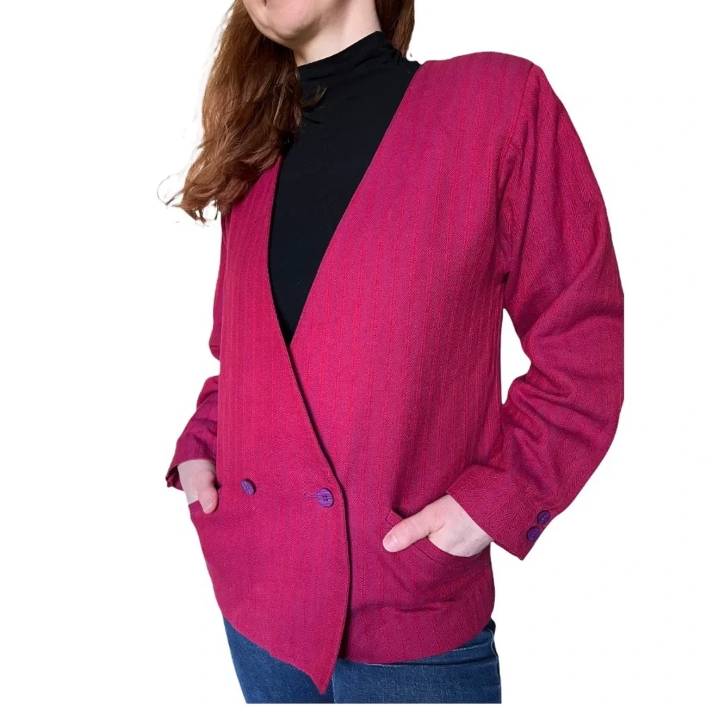 Vintage Pink Pinstripe Blazer Medium Lee Wright  collarless stripe jacket